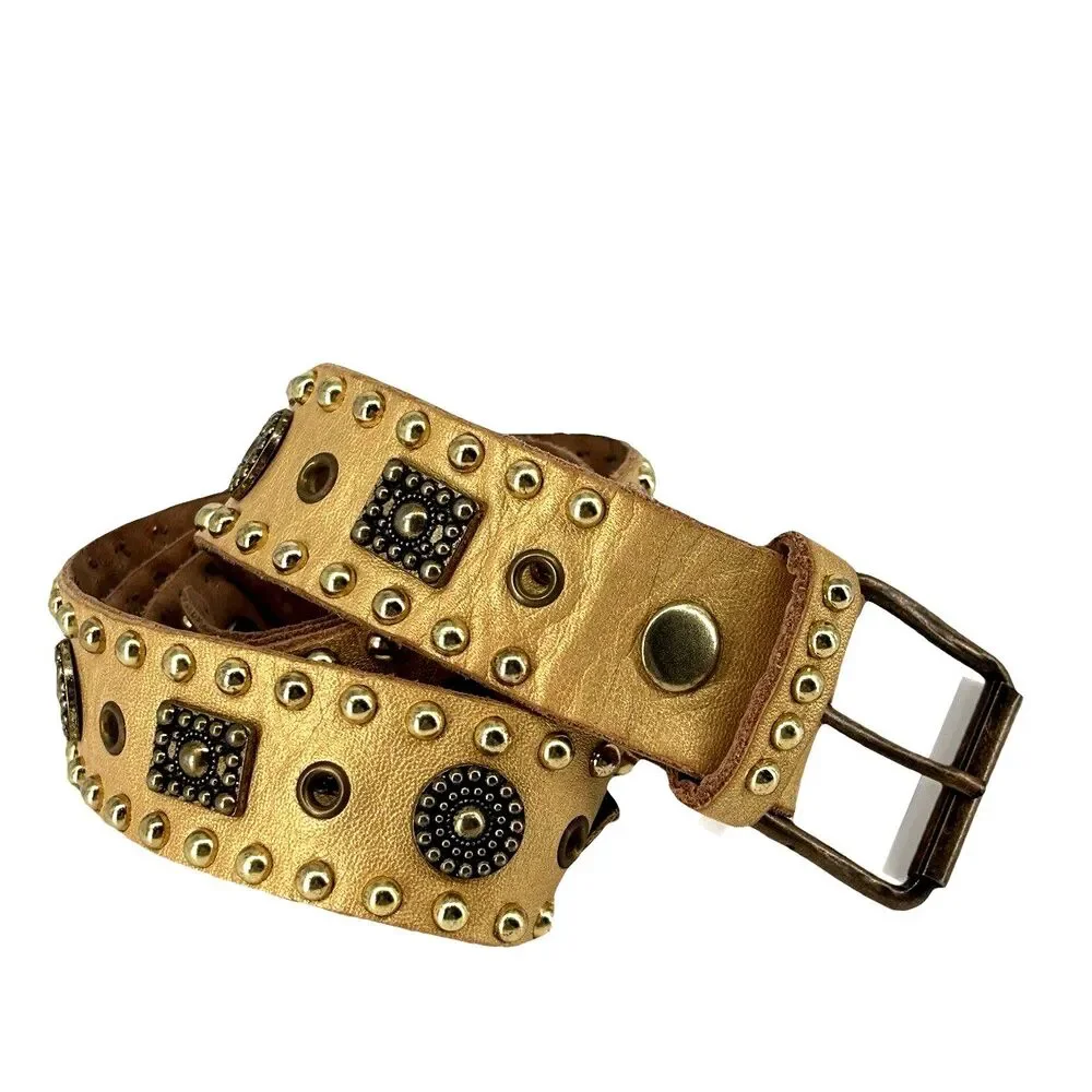 Sand Castle New York Metallic Gold Studded Women's 42.5” Soft Leather Belt EUC